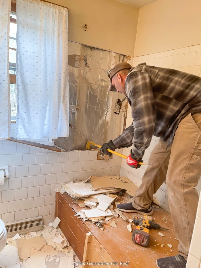 5x8 Bathroom Remodel Removing Old Tile Around Tub 3